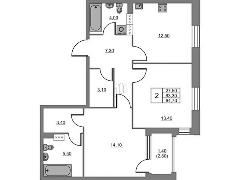 2-комнатная квартира 64.7 м², 3/13 эт., ЖК «Тайм Сквер»